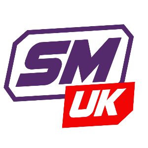 SM UK logo featuring bold purple 'SM' lettering inside a white outlined shield shape, with a red 'UK' badge containing white text below, on a plain white background.